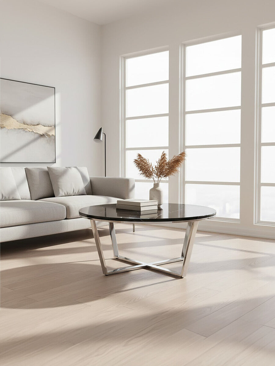 Black Marble Effect Round Coffee Table with Chrome Base