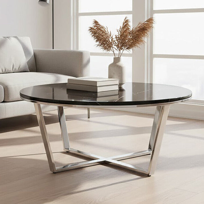 Black Marble Effect Round Coffee Table with Chrome Base