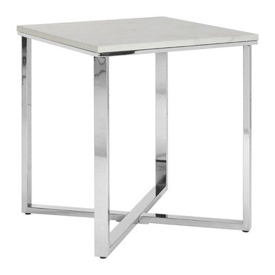 White Marble Effect Square Side Table with Chrome Base