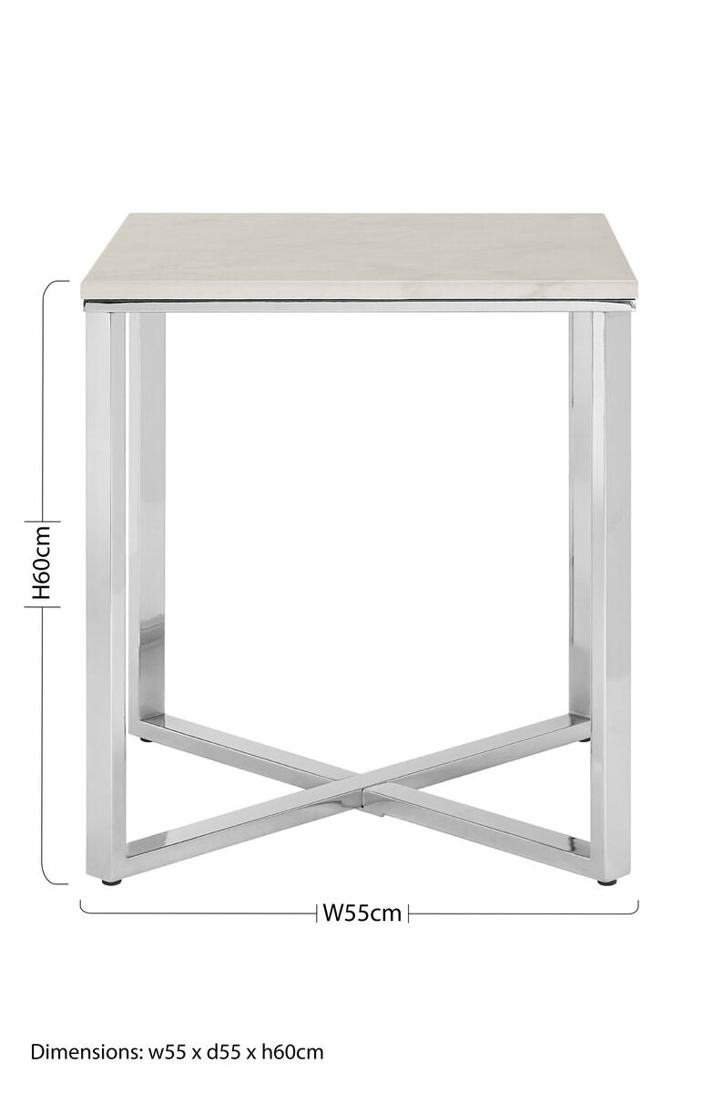 White Marble Effect Square Side Table with Chrome Base