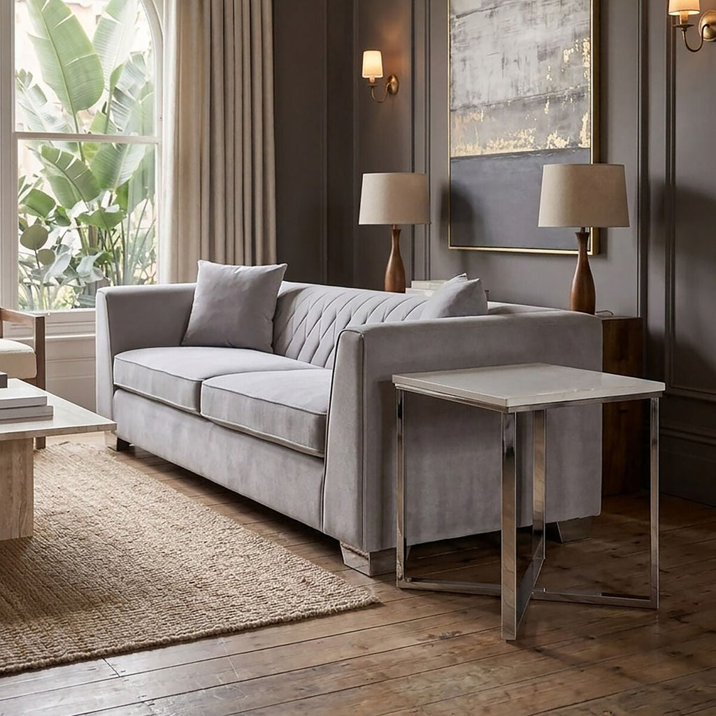 White Marble Effect Square Side Table with Chrome Base