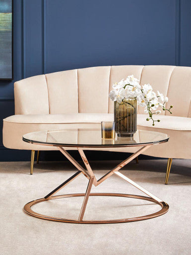Clear Glass Round Coffee Table with Rose Gold Finish Base