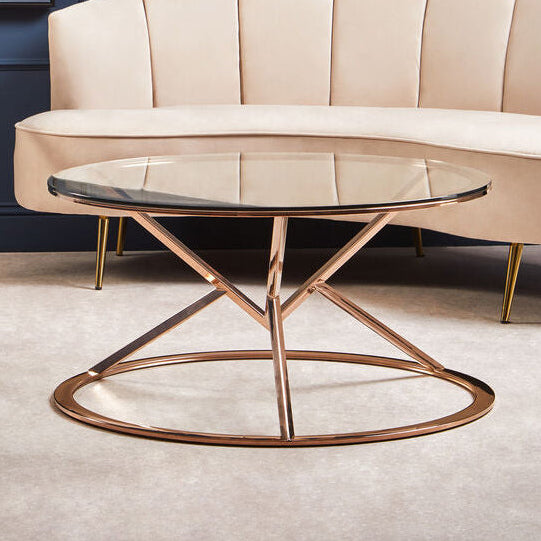 Clear Glass Round Coffee Table with Rose Gold Finish Base