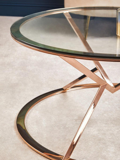 Clear Glass Round Coffee Table with Rose Gold Finish Base