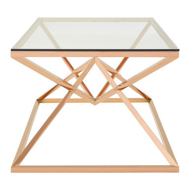 Rose Gold Finish Rectangular Coffee Table with Geometric Base
