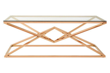 Rose Gold Finish Rectangular Coffee Table with Geometric Base