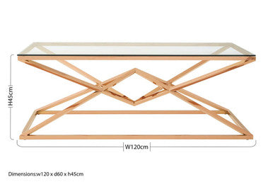 Rose Gold Finish Rectangular Coffee Table with Geometric Base