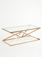 Rose Gold Finish Rectangular Coffee Table with Geometric Base