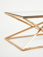 Rose Gold Finish Rectangular Coffee Table with Geometric Base