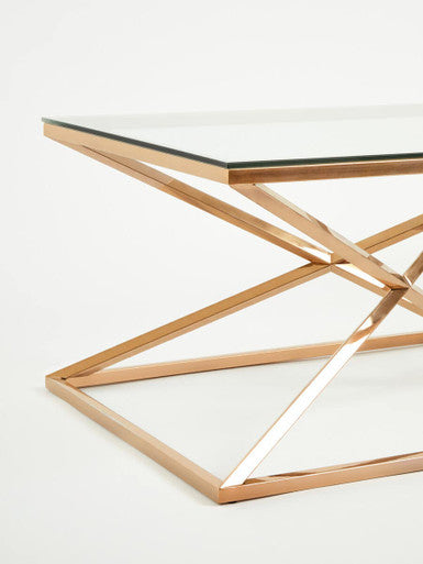 Rose Gold Finish Rectangular Coffee Table with Geometric Base