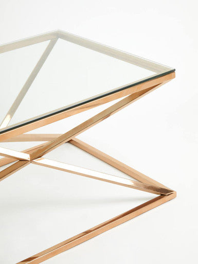 Rose Gold Finish Rectangular Coffee Table with Geometric Base