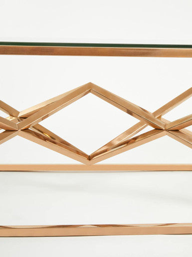 Rose Gold Finish Rectangular Coffee Table with Geometric Base