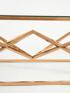 Rose Gold Finish Rectangular Coffee Table with Geometric Base