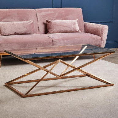 Rose Gold Finish Rectangular Coffee Table with Geometric Base