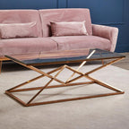Rose Gold Finish Rectangular Coffee Table with Geometric Base