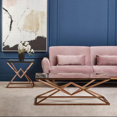 Rose Gold Finish Rectangular Coffee Table with Geometric Base