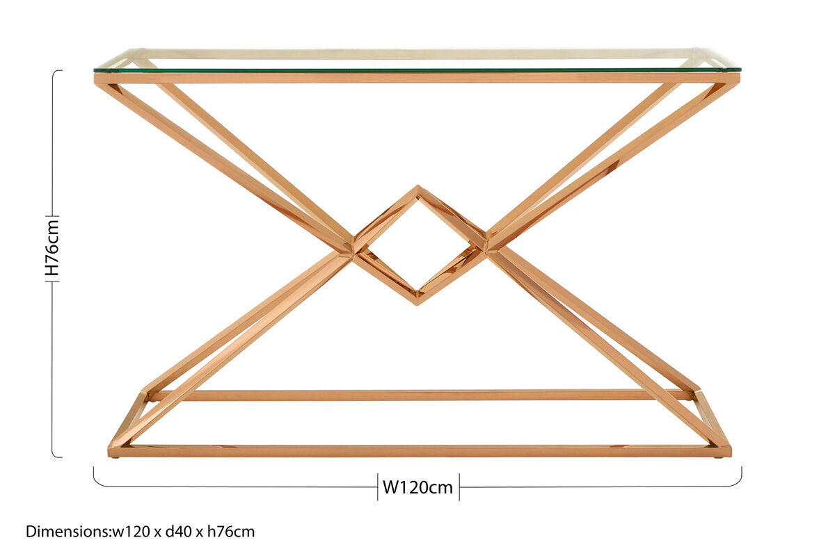 Clear Glass Console Table with Rose Gold Finish Frame