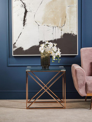 Clear Glass Square Side Table with Rose Gold Finish Legs