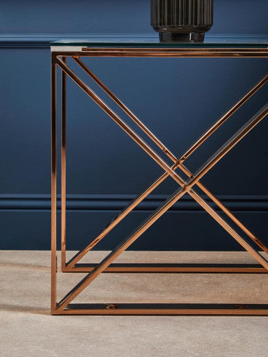 Clear Glass Square Side Table with Rose Gold Finish Legs