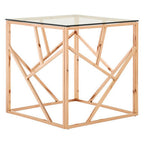 Clear Glass Square Side Table with Geometric Rose Gold Base