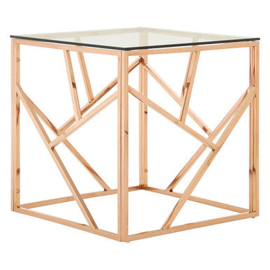 Clear Glass Square Side Table with Geometric Rose Gold Base