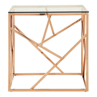 Clear Glass Square Side Table with Geometric Rose Gold Base