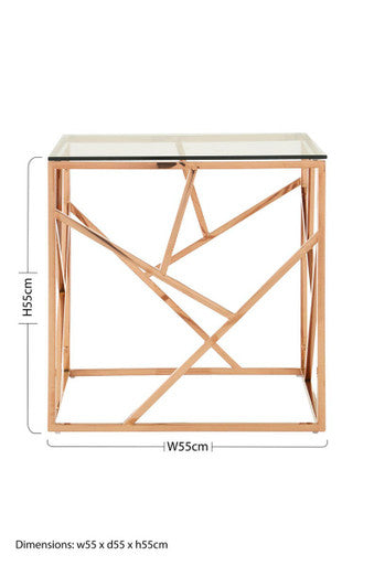 Clear Glass Square Side Table with Geometric Rose Gold Base