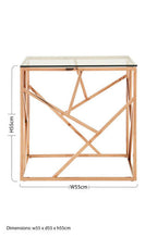 Clear Glass Square Side Table with Geometric Rose Gold Base