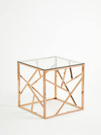 Clear Glass Square Side Table with Geometric Rose Gold Base
