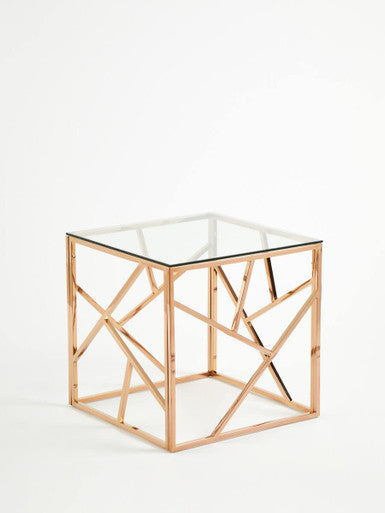Clear Glass Square Side Table with Geometric Rose Gold Base