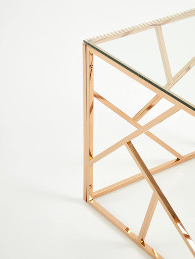 Clear Glass Square Side Table with Geometric Rose Gold Base