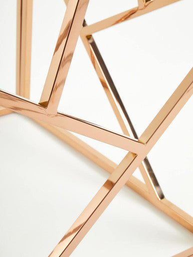 Clear Glass Square Side Table with Geometric Rose Gold Base