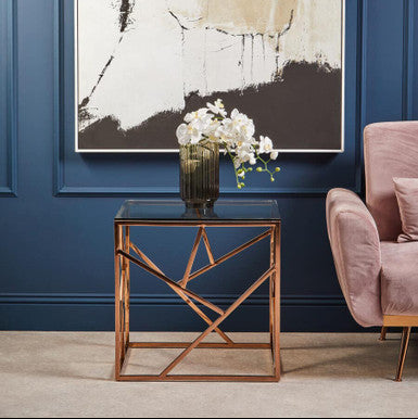 Clear Glass Square Side Table with Geometric Rose Gold Base