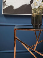 Clear Glass Square Side Table with Geometric Rose Gold Base