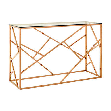 Clear Glass Console Table with Geometric Rose Gold Base