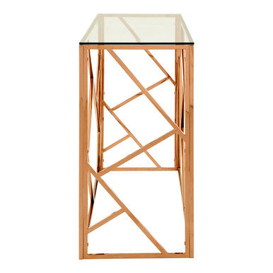 Clear Glass Console Table with Geometric Rose Gold Base