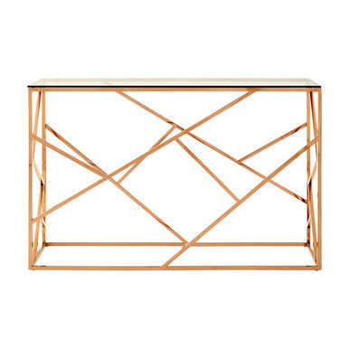 Clear Glass Console Table with Geometric Rose Gold Base