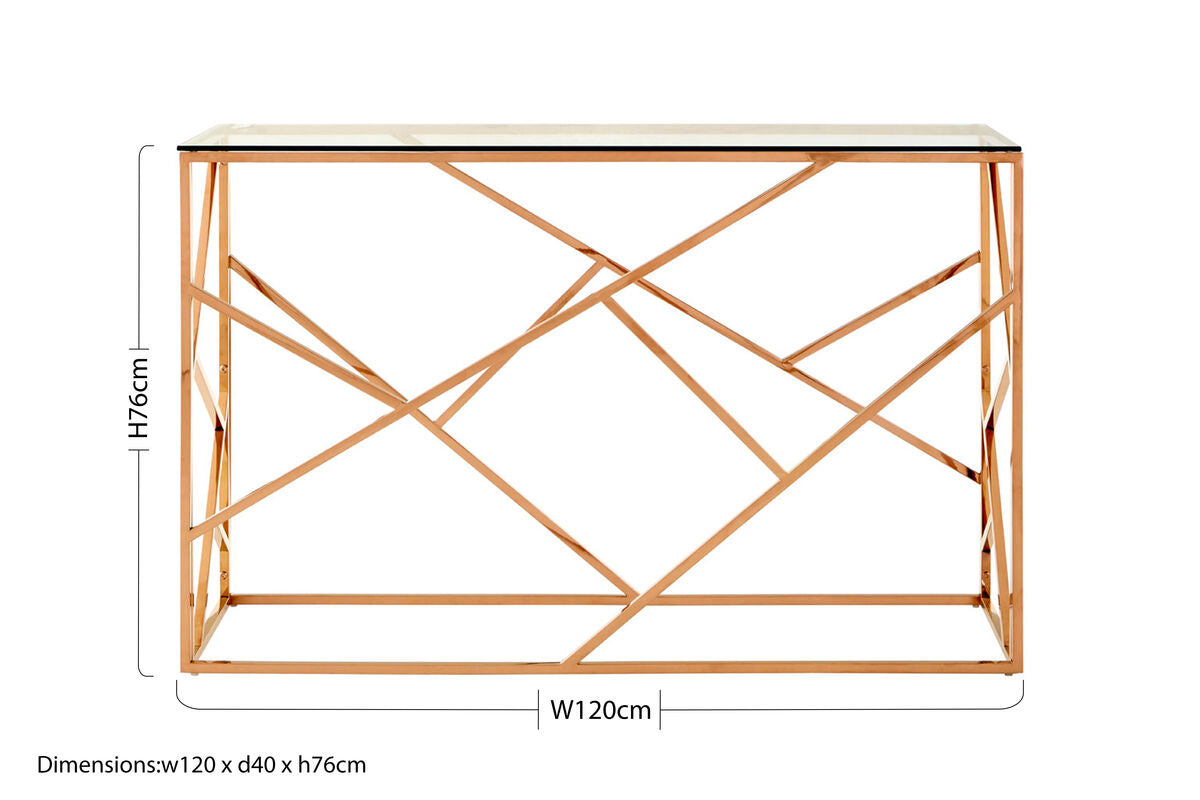Clear Glass Console Table with Geometric Rose Gold Base