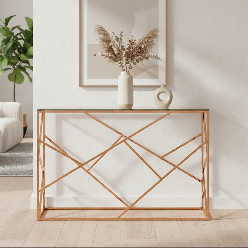 Clear Glass Console Table with Geometric Rose Gold Base