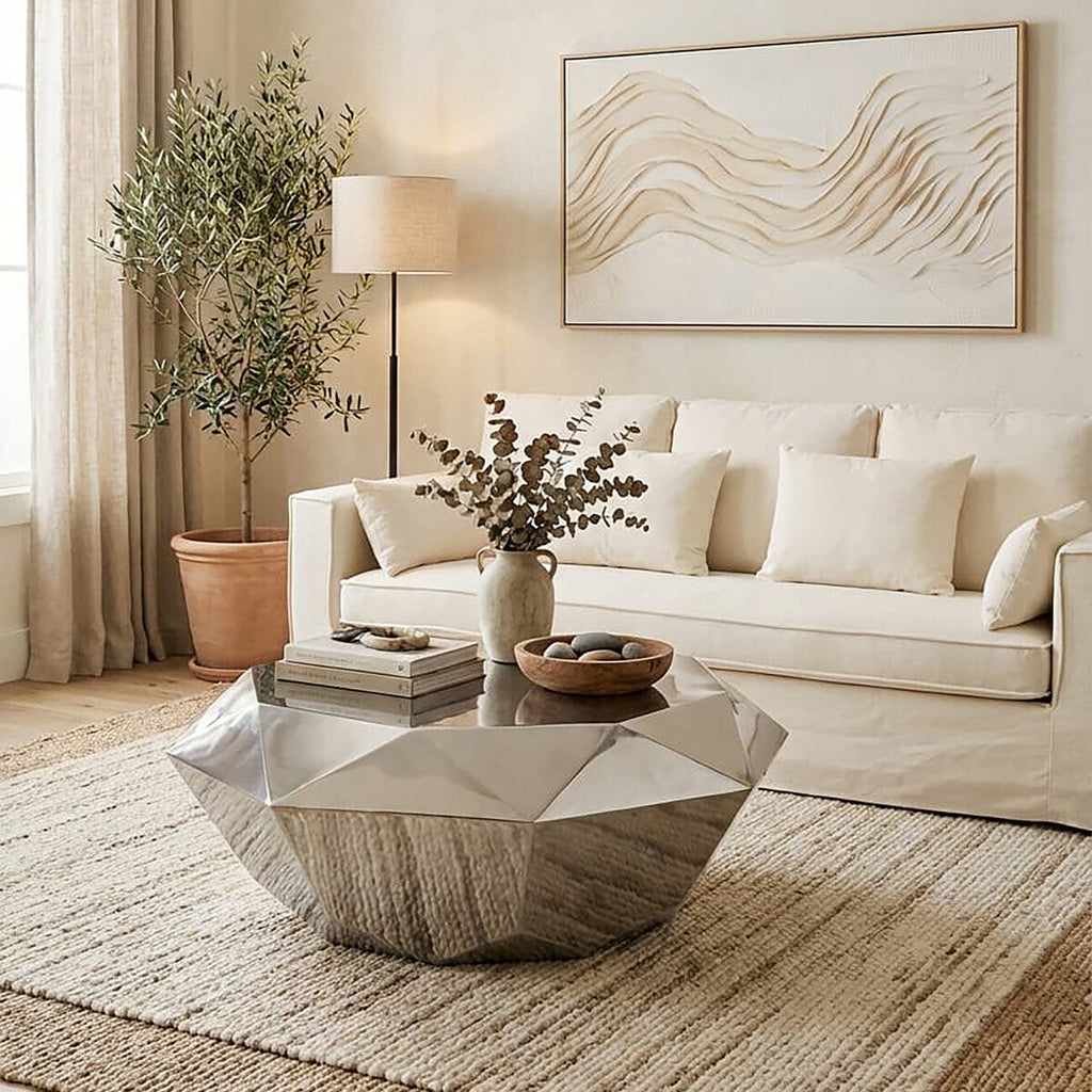 Silver Finish Coffee Table with Diamond Cut Design