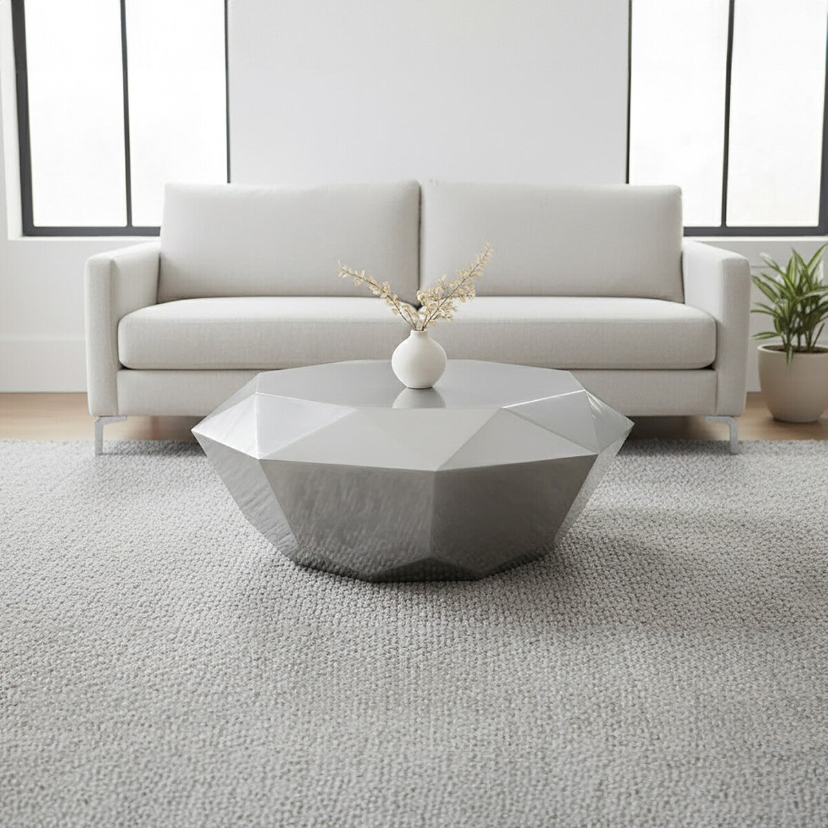 Silver Finish Coffee Table with Diamond Cut Design
