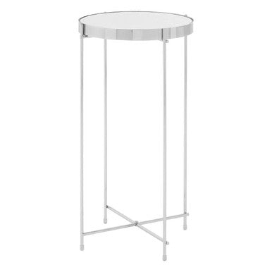 Silver Mirrored Glass Tall Side Table with Chrome Finish Legs