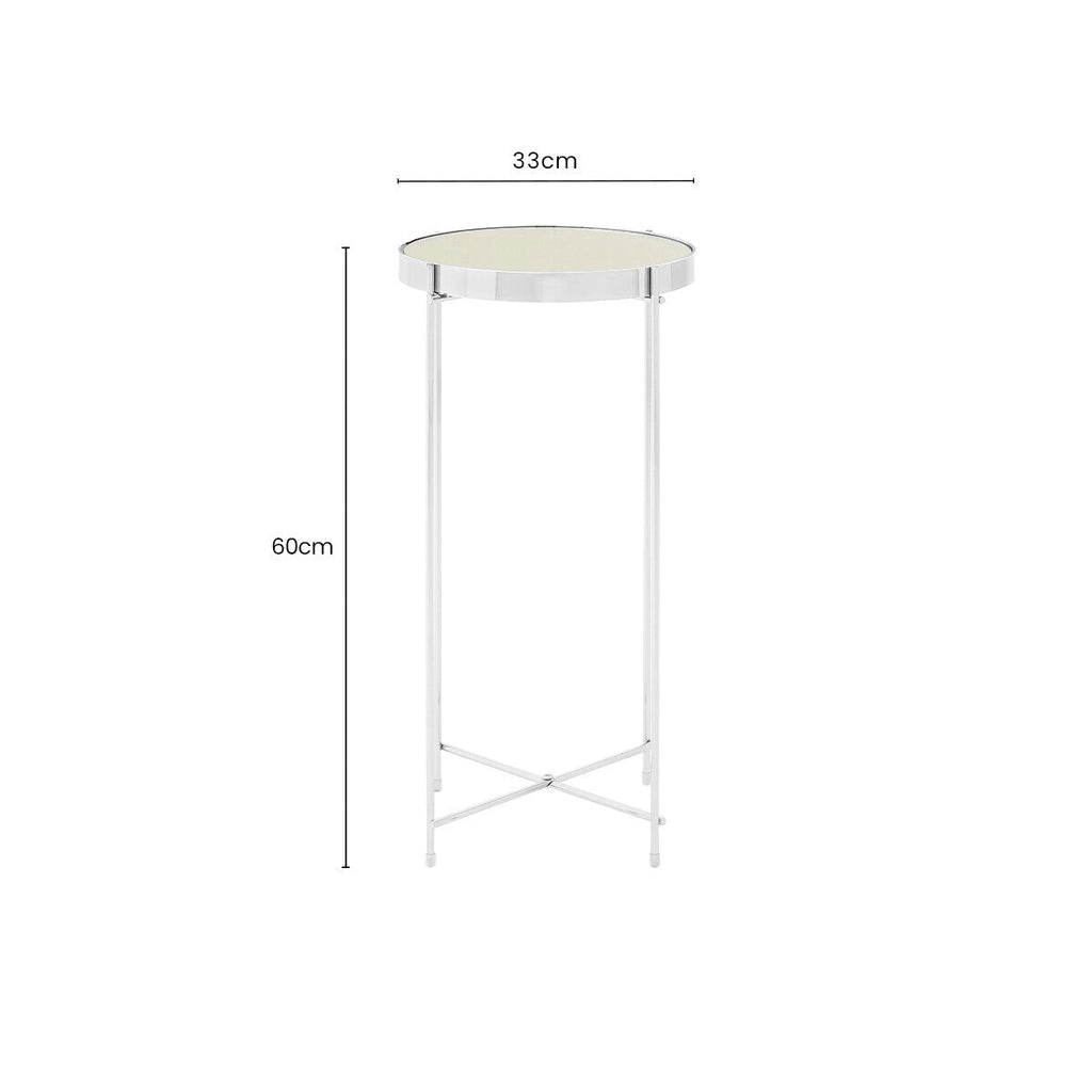 Silver Mirrored Glass Tall Side Table with Chrome Finish Legs