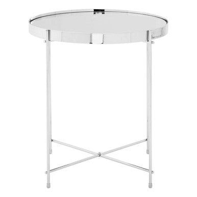 Silver Mirrored Glass Round Side Table with Chrome Finish Legs