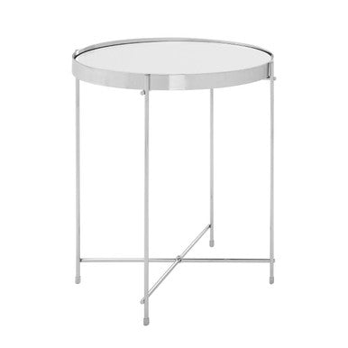 Silver Mirrored Glass Round Side Table with Chrome Finish Legs