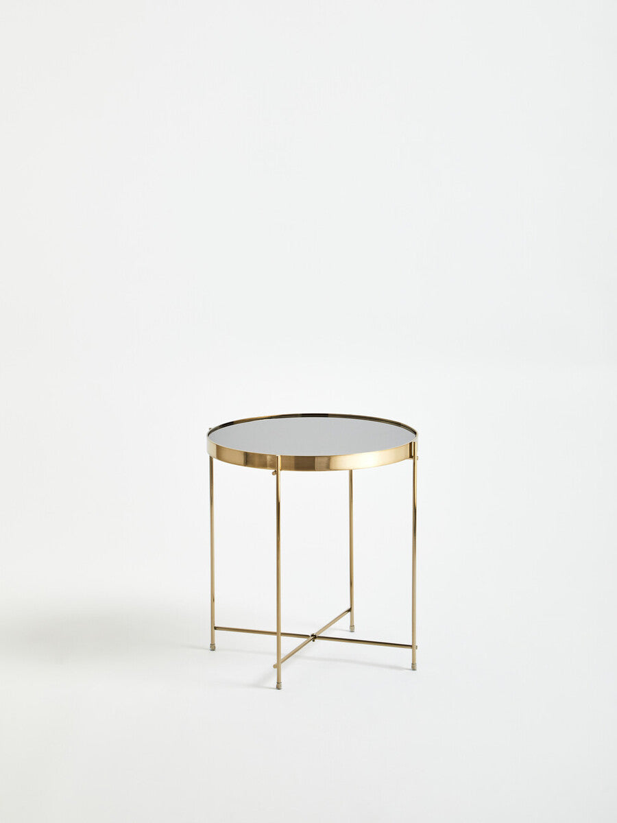 Black Mirrored Glass Low Side Table with Brushed Bronze Finish Legs