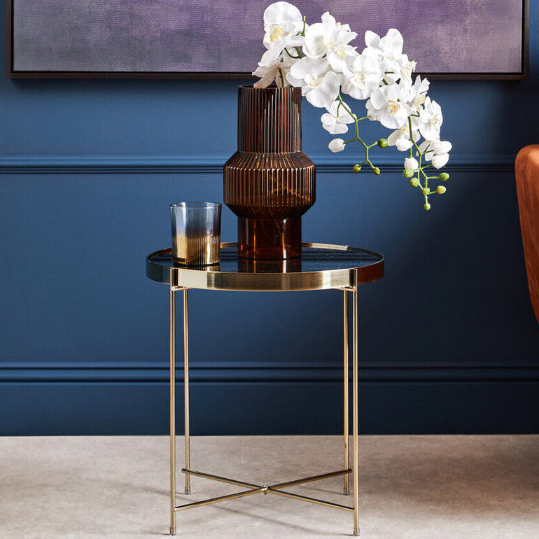 Black Mirrored Glass Low Side Table with Brushed Bronze Finish Legs