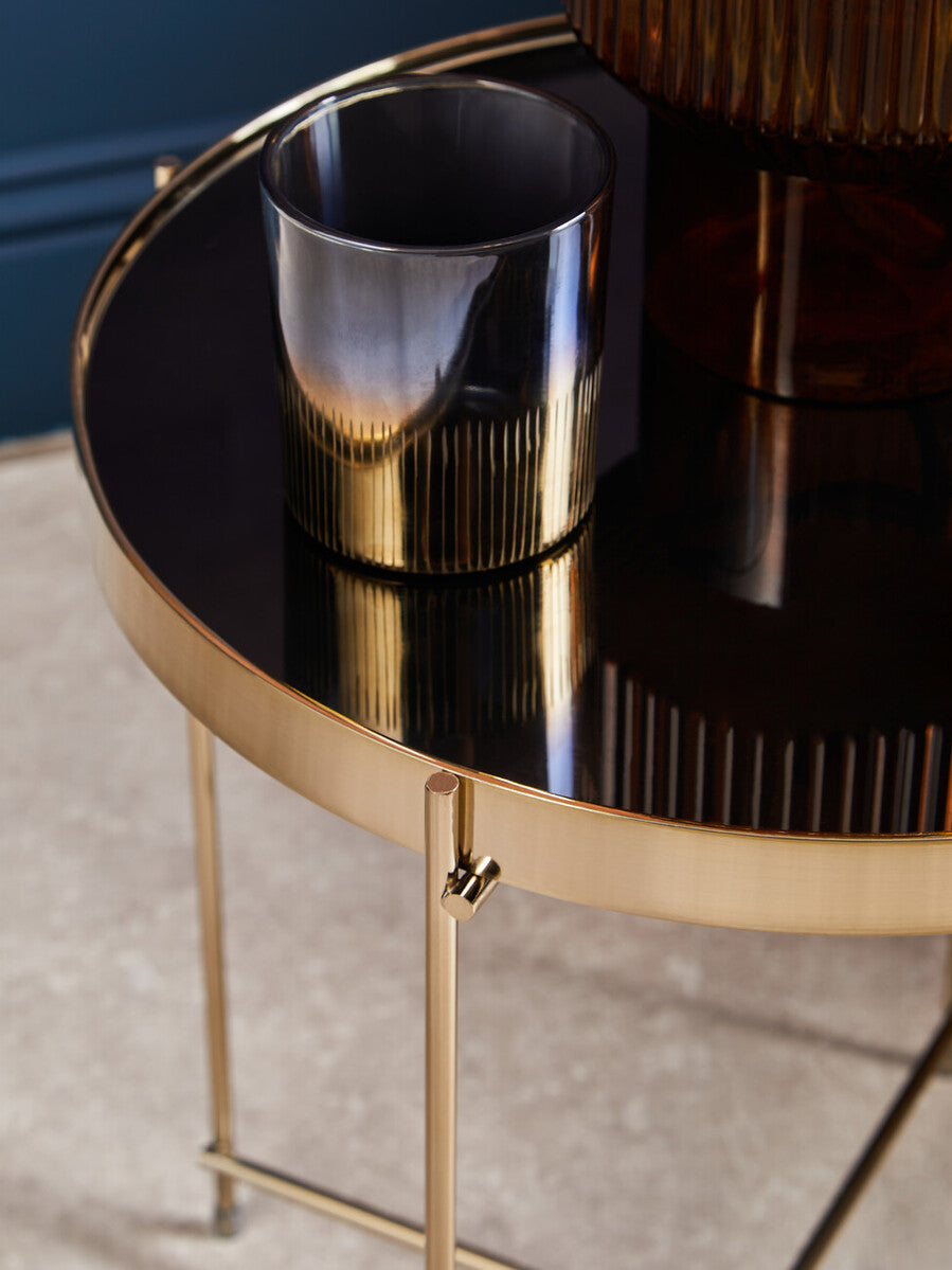 Black Mirrored Glass Low Side Table with Brushed Bronze Finish Legs