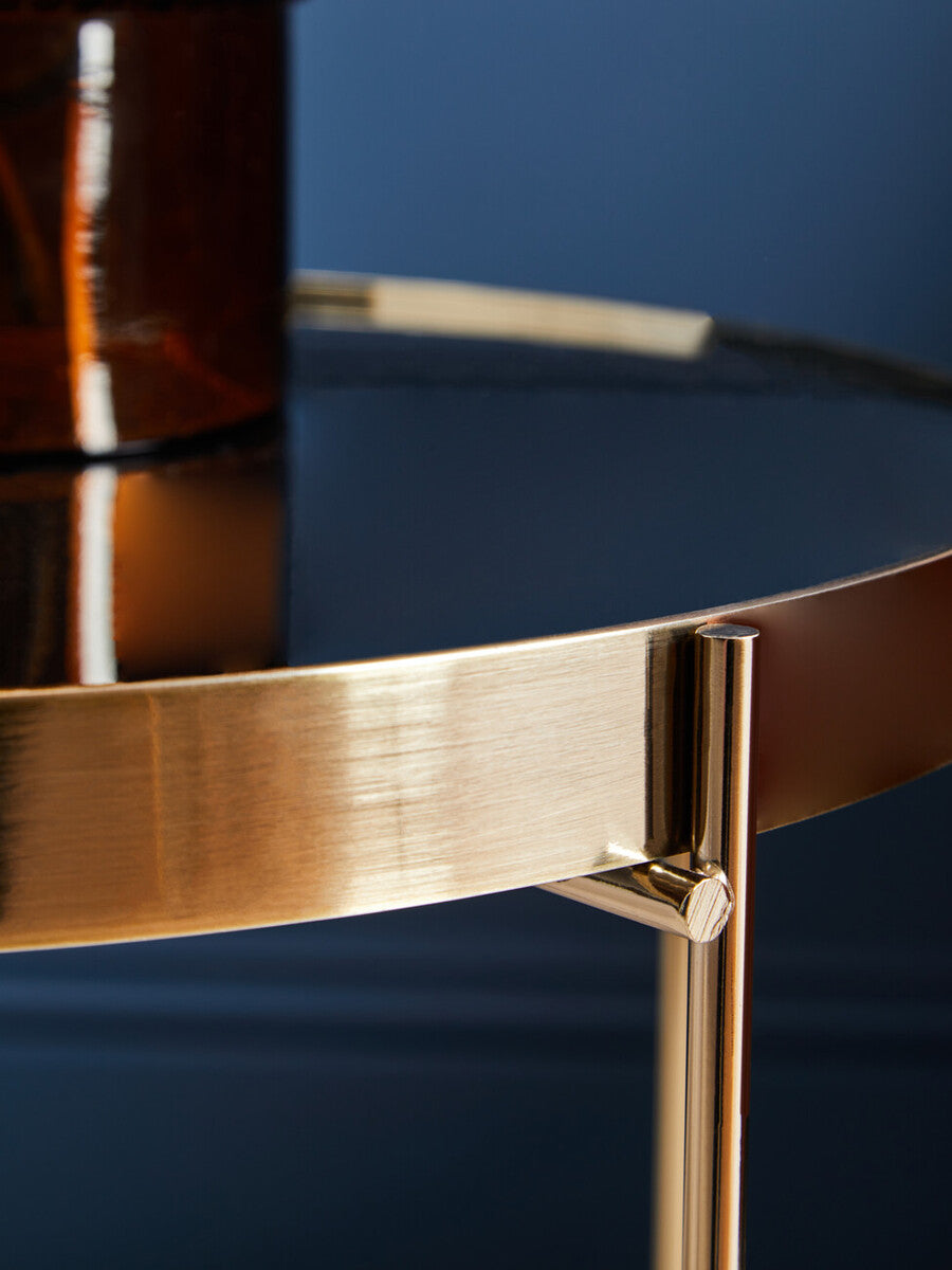 Black Mirrored Glass Low Side Table with Brushed Bronze Finish Legs