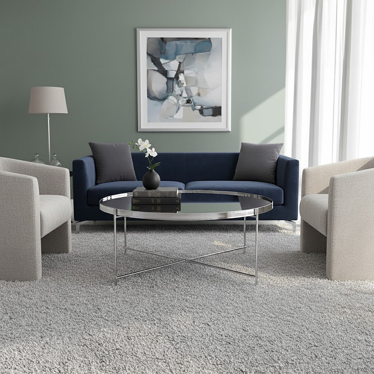 Chrome Finish Mirrored Glass Round Coffee Table with Cross Base